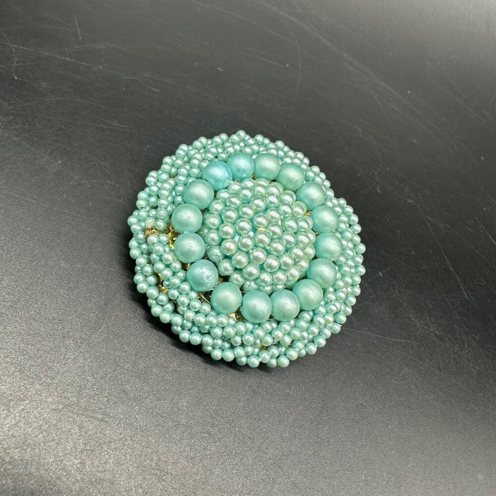 Vintage Beaded Brooch Pin 1950s Turquoise Japan Round Faux Pearls Retro Fashion